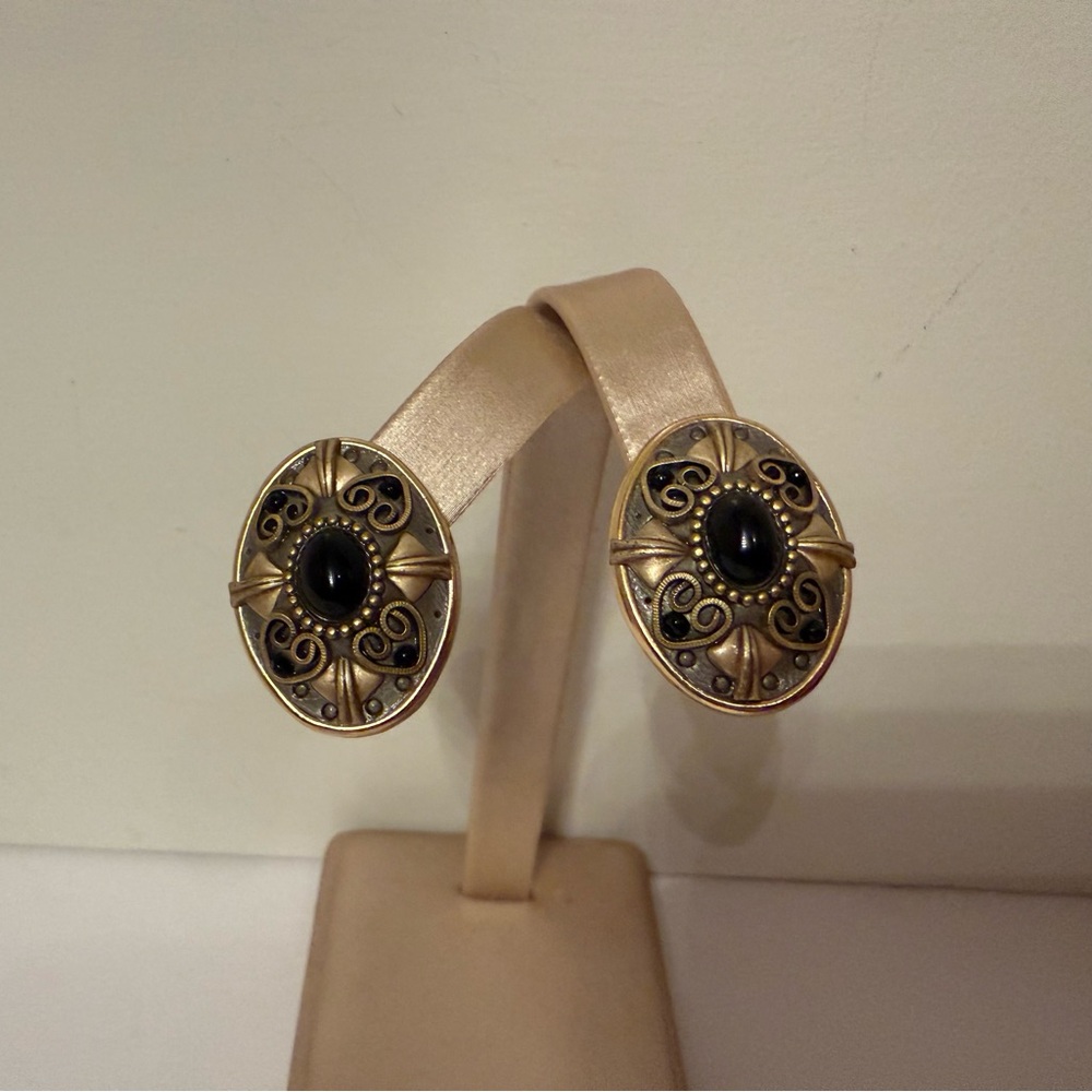 MICHAL GOLAN EARRINGS CLIP GOLD BRONZE WITH BLACK BEADS SIGNED OVAL